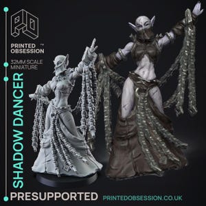 May include: Two 32mm scale miniature figures of a Shadow Dancer, one in gray and the other in dark brown. The figures are in a dynamic pose with arms outstretched, draped with chain-like details. The text "PRINTED OBSESSION" and "SHADOW DANCER" are visible.