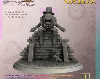 May include: A gray Humpty Dumpty figurine sitting on a brick wall. The figure has a top hat and a large, smiling face. The base of the figurine has the text "Humpty Dumpty, the Broken Herald of Perfect Order".