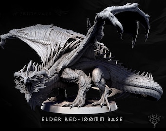 May include: A detailed, gray dragon figurine with outstretched wings and sharp claws. The dragon is posed on a round base, with the text "ELDER RED-100MM BASE" visible. The dragon's scales and skeletal wing structure are intricately detailed.