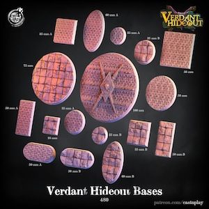 May include: A collection of 10 different sized and shaped bases for miniature figures, ranging from 25 mm to 100 mm. The bases are made of a textured, reddish-brown plastic and feature a variety of designs, including cobblestone, brick, and a skull with crossed swords. The bases are labeled with their size in millimeters. The text "Verdant Hideout Bases 480" is at the bottom of the image.