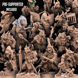 May include: A collection of 15 pre-supported miniature figurines of lizard-like creatures in various poses and with different weapons and accessories. The miniatures are made of a light brown plastic and are ready to be painted.