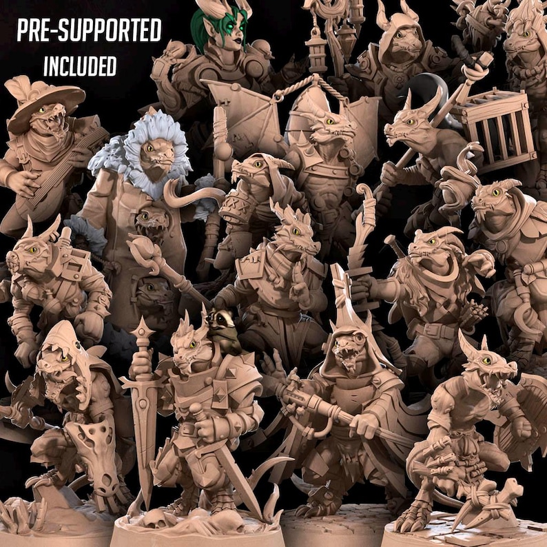 May include: A collection of 15 pre-supported miniature figurines of lizard-like creatures in various poses and with different weapons and accessories. The miniatures are made of a light brown plastic and are ready to be painted.