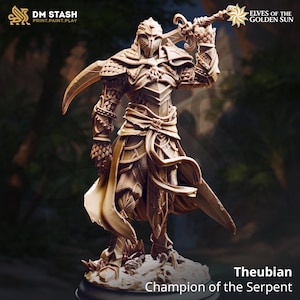 May include: A detailed figurine of a warrior in ornate armor, holding a sword aloft. The figure is in a dynamic pose, with intricate detailing on the armor and weapon. The text "Theubian Champion of the Serpent" is at the bottom.