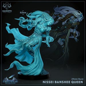 May include: A blue and white miniature figurine of a Nissei Banshee Queen, standing on a 25mm base. The figurine is 52mm tall and is posed with her arms outstretched, holding a weapon in one hand. The figurine is made of plastic and is painted in a translucent blue color.