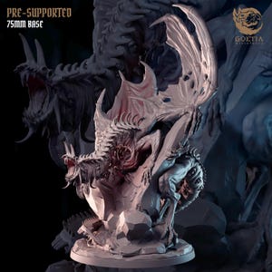 May include: A detailed 3D-printed miniature of a monstrous creature with large wings, sharp teeth, and a menacing pose. The base is 75mm. The text "PRE-SUPPORTED" is visible. The color palette is primarily shades of gray and red.