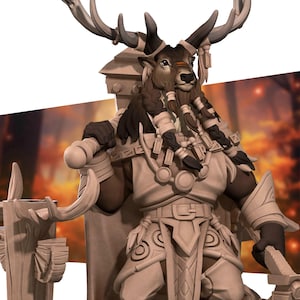 May include: A detailed sculpture of a deer-like humanoid figure seated on a throne. The figure has large antlers, a long beard, and is adorned with intricate armor and accessories. The color palette is primarily neutral tones with some darker accents.