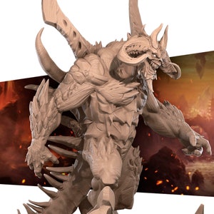 May include: A detailed 3D printed model of a demonic creature with horns, sharp teeth, and a muscular body. The model is painted in a light brown color and appears to be in a menacing pose.