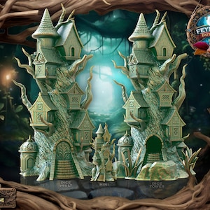 May include: A fantasy illustration of a pixie village with two large tree-houses, each with multiple levels and turrets. The structures are green with gold accents, set against a mystical forest backdrop. The image includes text that reads "Feymoon Fates End", "Dice Vault", "Mini", and "Dice Tower".