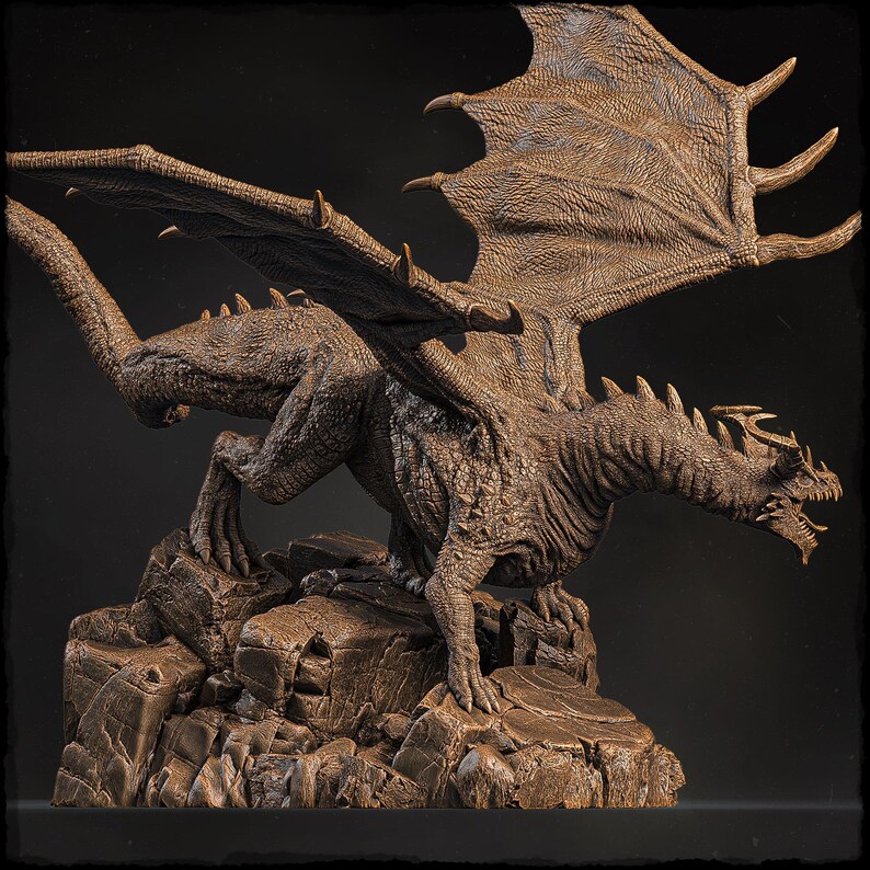 May include: A detailed bronze sculpture of a dragon with outstretched wings, perched on a rocky base. The dragon has a textured, scaly body and a fierce expression.