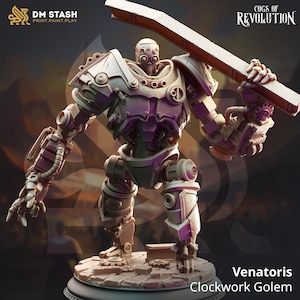May include: A detailed, 3D printed model of a clockwork golem, a mechanical creature with a metallic body and intricate gears. The golem is holding a large metal bar in its right hand. The model is painted in shades of brown, silver, and purple. The model is titled "Venatoris Clockwork Golem" and is part of the "Cogs of Revolution" series.