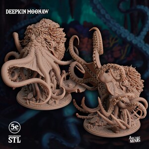 May include: Two 3D printed miniature octopus figures, one with tentacles curled up and the other with tentacles extended. Both figures are painted in a light brown color and have detailed textures. The figures are labeled "Deepkin Moonaw" and "Arcane Minis".