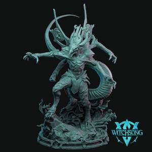 May include: A detailed, gray, 3D printed miniature of a multi-limbed, winged creature with a long, serpentine tail. The creature is standing on a rocky base with a swirling, wave-like design. The base has the text "WITCHSONG" printed on it.