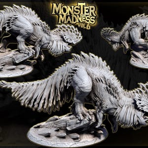 May include: A collection of detailed, gray monster figurines from "Monster Madness Vol. 6". Each creature has feathered wings and a textured body, posed on a rocky base. The overall design is intricate and fantasy-themed.
