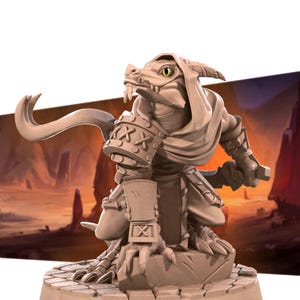 May include: A brown and tan miniature figurine of a lizard-like creature wearing a hooded cloak and armor. The creature has a long tail and is holding a sword in its right hand. The figurine is standing on a stone base.