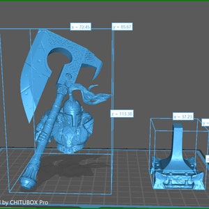 May include: A 3D printed model of a fantasy character holding a large axe. The character is wearing armor and a helmet. The model is printed in a light blue color.