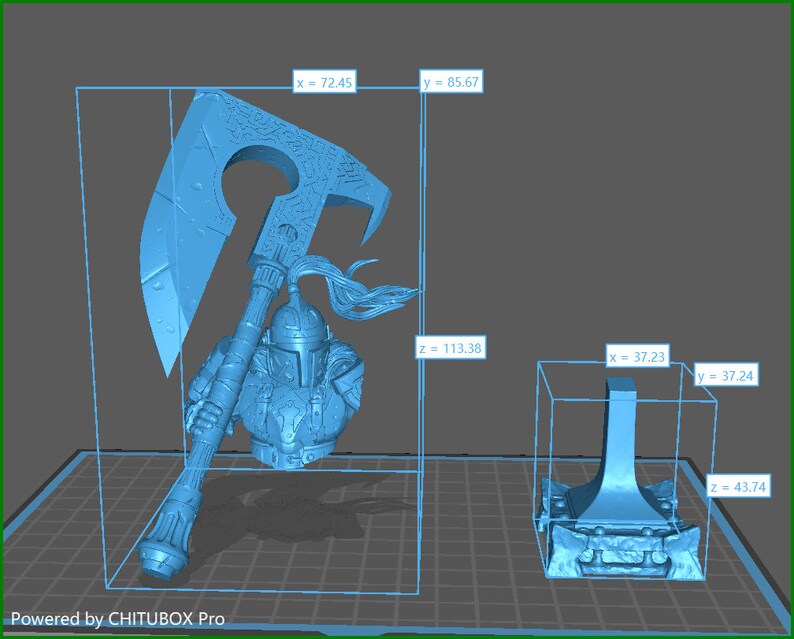 May include: A 3D printed model of a fantasy character holding a large axe. The character is wearing armor and a helmet. The model is printed in a light blue color.