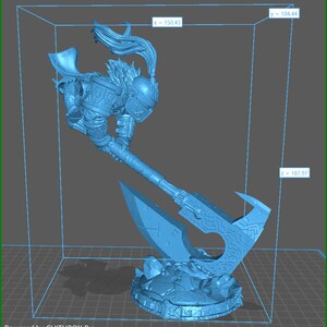 May include: A blue 3D printed figurine of a warrior holding a large axe. The warrior is wearing armor and has a long ponytail. The axe is decorated with intricate details. The figurine is posed in a dynamic action pose.