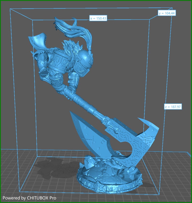 May include: A blue 3D printed figurine of a warrior holding a large axe. The warrior is wearing armor and has a long ponytail. The axe is decorated with intricate details. The figurine is posed in a dynamic action pose.