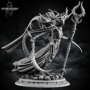 May include: A detailed grayscale statue of a spectral figure with antlers, holding a scythe and a staff. The figure is draped in flowing robes and stands atop a base with skulls. The Stormborn Collectibles logo is in the upper left corner.