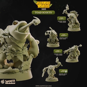 May include: A collection of detailed, light green resin miniatures of frog-like creatures, labeled "Toad Scouts." Each figure is posed differently, some holding weapons or tools. The image includes text: "Jungle Toads 1003" and "Supported."