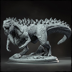 May include: A detailed gray and white 3D printed model of a dinosaur with sharp teeth and spikes on its back. The dinosaur is posed in a walking position with its head turned to the side.