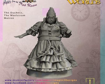 May include: A gray 3D-printed figurine of a woman in a long dress and hat, labeled "The Duchess, The Maelstrom Matron." The image includes the "Wonderdeep Tales from the Mad Realm" and "Other Worlds" logos, along with social media links for Imagin3Designs.