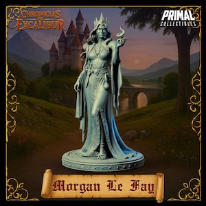 May include: A statue of Morgan Le Fay from Chronicles of Excalibur. The figure is in a long gown and crown, holding a snake. The background features a castle, bridge, and rolling hills. The statue is on a round base.