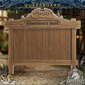 May include: A brown wooden wall hanging quest board featuring a rectangular sign with vertical planks. The top header displays the text "QUESTS" and "Adventurer's Guild" in a dark font. The board has a weathered texture with visible scratches.