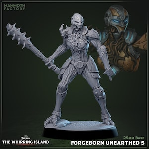 May include: A gray Forgeborn Unearthed 5 miniature figure, holding a spiked club. The figure is in a battle stance, wearing armor and a helmet. A second figure is visible in the background. The base is 25mm.