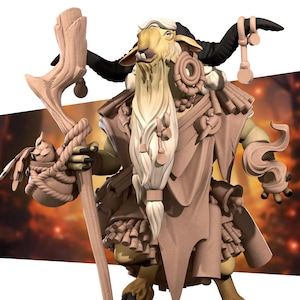 May include: A detailed 3D-printed figurine of a goat-like creature with a long white beard and black horns. The figure is wearing a brown robe and holding a wooden staff with a small bird-shaped pouch. The overall design has a fantasy theme.