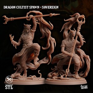 May include: Two detailed resin figures of Dragon Cultist Spawn, each posed with a staff and flowing fabric. The figures have dragon-like features, including horns and clawed feet. The text "DRAGON CULTIST SPAWN - SOVEREIGN" is at the top.