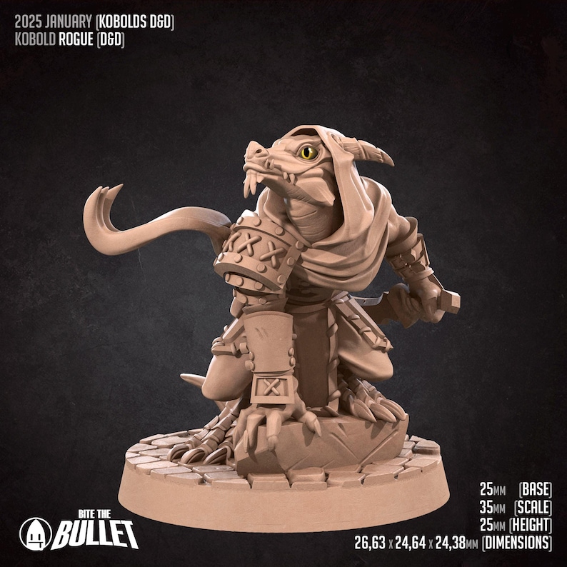 May include: A painted miniature figurine of a kobold rogue, a small reptilian humanoid creature, wearing a hooded cloak and holding a dagger. The figurine is posed in a dynamic action pose, with its tail curled around its body. The figurine is painted in a realistic style, with details such as scales, claws, and teeth. The figurine is set on a circular base with a textured surface. The base is labeled with the text "BITE THE BULLET" and includes measurements in millimeters for the base, scale, height, and dimensions.