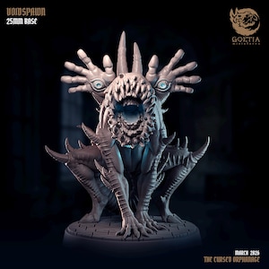 May include: A detailed miniature figure of a Voidspawn creature with a 25mm base. The figure has multiple horns, sharp teeth, and hand-like appendages. The text "VOIDSPOWN 25MM BASE" is at the top left. The text "MARCH 2026 THE CURSED ORPHANAGE" is at the bottom right.