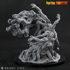 May include: A 3D printed miniature of a creature made of multiple intertwined human bodies and limbs. The creature has a large number of arms and hands reaching out in different directions. The creature is standing on a base.