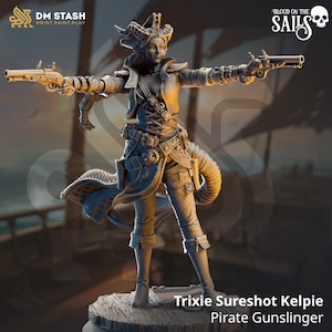 May include: A detailed figurine of Trixie Sureshot Kelpie, a pirate gunslinger, holding two pistols. The figure is dressed in a detailed pirate outfit with a long coat and boots. The figure is standing on a wooden base. The text "Blood on the Sails" and a skull logo are visible.