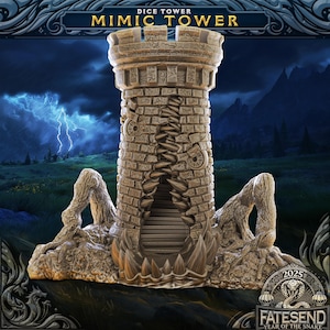 May include: A stone tower shaped like a mimic monster with a gaping maw and a set of dice inside. The tower is a dice holder for tabletop games. The tower is set against a stormy night sky with lightning.