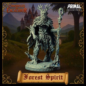 May include: A detailed figurine of a Forest Spirit, a fantasy character with a tree-like appearance. The figure is light blue-green, holding a staff, and stands on a circular base. The background features a castle and forest scene. The text "Forest Spirit" is displayed.