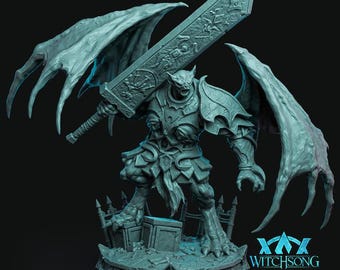May include: A detailed, teal-colored figurine of a winged demon warrior holding a large sword. The figure is clad in armor and stands on a detailed base with the text "Witchsong". The wings are spread wide, and the sword is intricately designed.