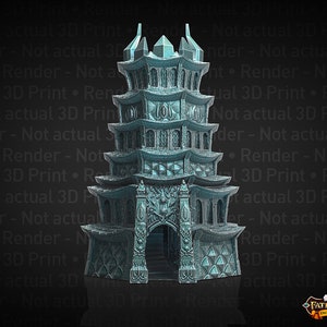 May include: A teal blue pagoda-style dice tower with a detailed design. The tower has multiple levels and a small entrance at the bottom. The tower is made of plastic and is designed for tabletop gaming.