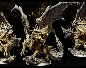 May include: A detailed, three-dimensional dragon figurine with outstretched wings and a menacing pose. The dragon is a light tan color with intricate detailing, including sharp spines and textured wings. The image has text that reads "Dead, Gone, Expl... UNA".