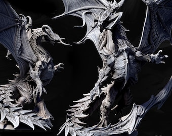 May include: A detailed, grayscale sculpture of a dragon with large wings, horns, and a spiked tail. The dragon is standing on a base, with the text "ELDER BLACK-100MM BASE" visible. The image is set against a dark background.