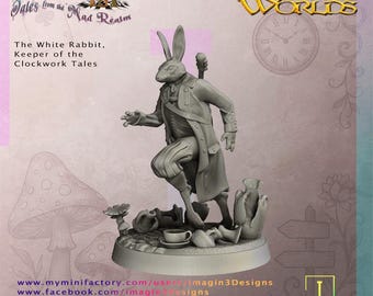 May include: A gray figurine of the White Rabbit from "Wonderdeep Tales from the Mad Realm." The rabbit is dressed in a coat and breeches, with a pocket watch and a teacup at its feet. The figurine is on a base with mushrooms and other elements.