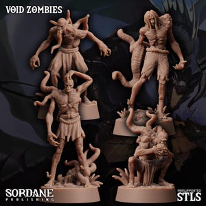 May include: Four Void Zombies figures in various poses. The figures are a light brown color and have grotesque features, including tentacles and exposed musculature. The figures are on small, round bases. The text "VOID ZOMBIES" is at the top of the image.