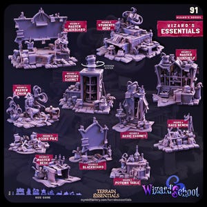 May include: A collection of miniature terrain pieces for a wizard's school, including a master blackboard, student desk, potions cabinet, bookshelf, and more. The image features the text "Wizard's Essentials" and "Wizard School".