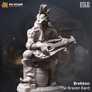 May include: A white 3D printed miniature of a bard playing a lute. The bard is wearing a feathered hat and a detailed outfit. The miniature is sitting on a barrel and is ready to be painted.