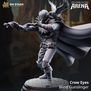 May include: A detailed figurine of a blind gunslinger with a crow perched on their head. The figure is dressed in a long coat and pants, with a gun in their hand. The text "Crow Eyes Blind Gunslinger" is visible.