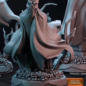 May include: A 3D printed miniature of a ghostly figure with a flowing cape, standing on a base with a leafy design. The miniature is 46mm tall and has a 25mm base. The text "SPECTRE LURKING" is printed on the base.