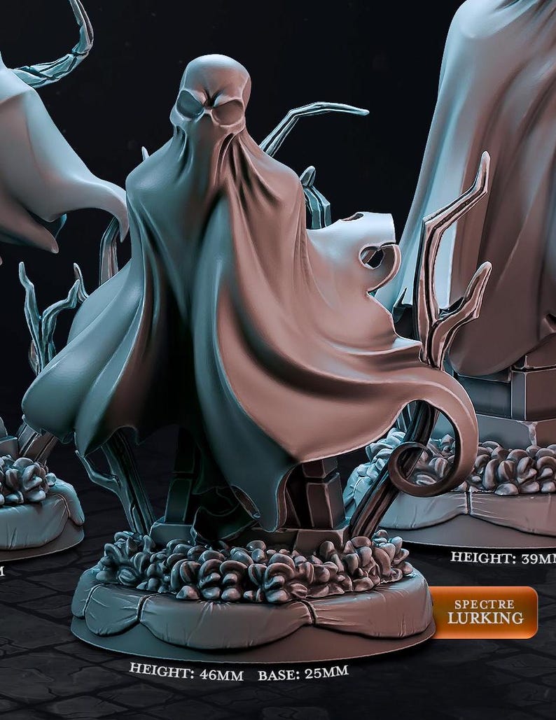 May include: A 3D printed miniature of a ghostly figure with a flowing cape, standing on a base with a leafy design. The miniature is 46mm tall and has a 25mm base. The text "SPECTRE LURKING" is printed on the base.