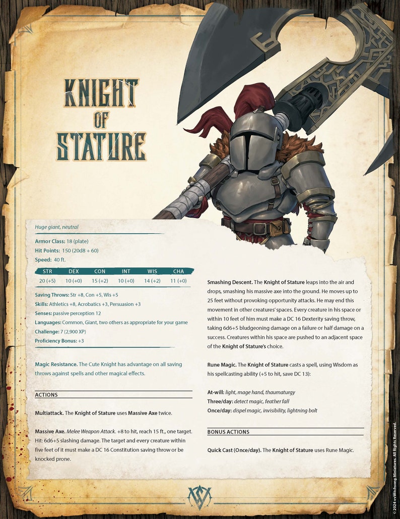May include: A fantasy character illustration of a knight, called the Knight of Stature, with a large axe. The illustration is on a parchment background with text describing the character's stats and abilities. The text includes the character's armor class, hit points, speed, saving throws, skills, senses, languages, challenge, proficiency bonus, magic resistance, actions, and bonus actions.