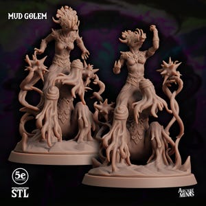 May include: A 3D printed miniature of a Mud Golem, a creature from Dungeons and Dragons. The golem is made of brown plastic and has a humanoid shape with a large head and long, spindly arms. The golem is standing on a base and has a detailed texture.